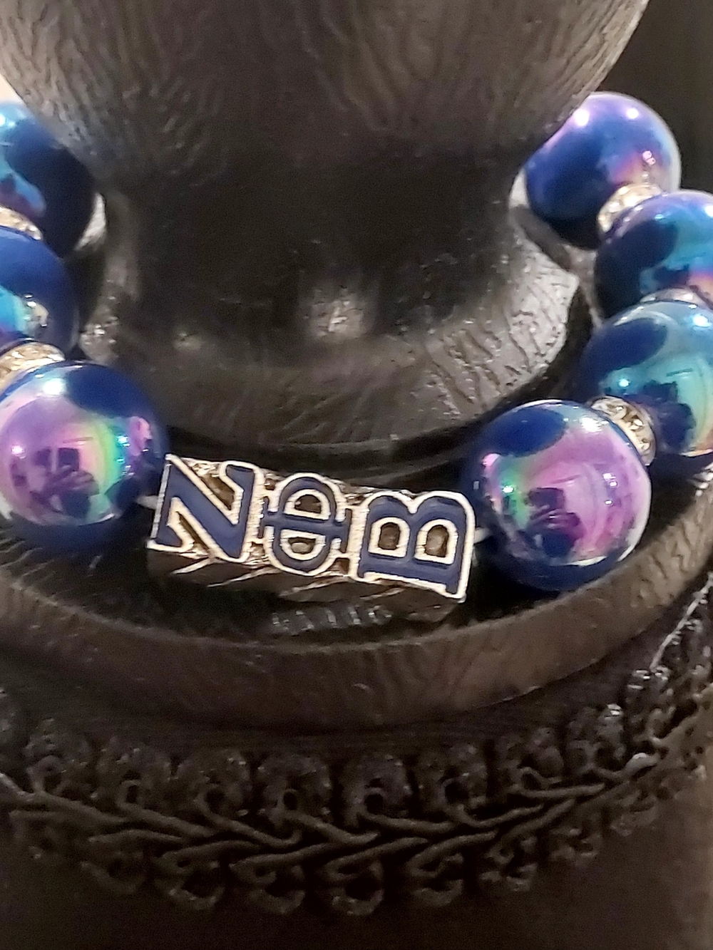 Handmade Zeta Phi Beta Blue Iridescent Beaded Bracelet with 'Nem' Accent